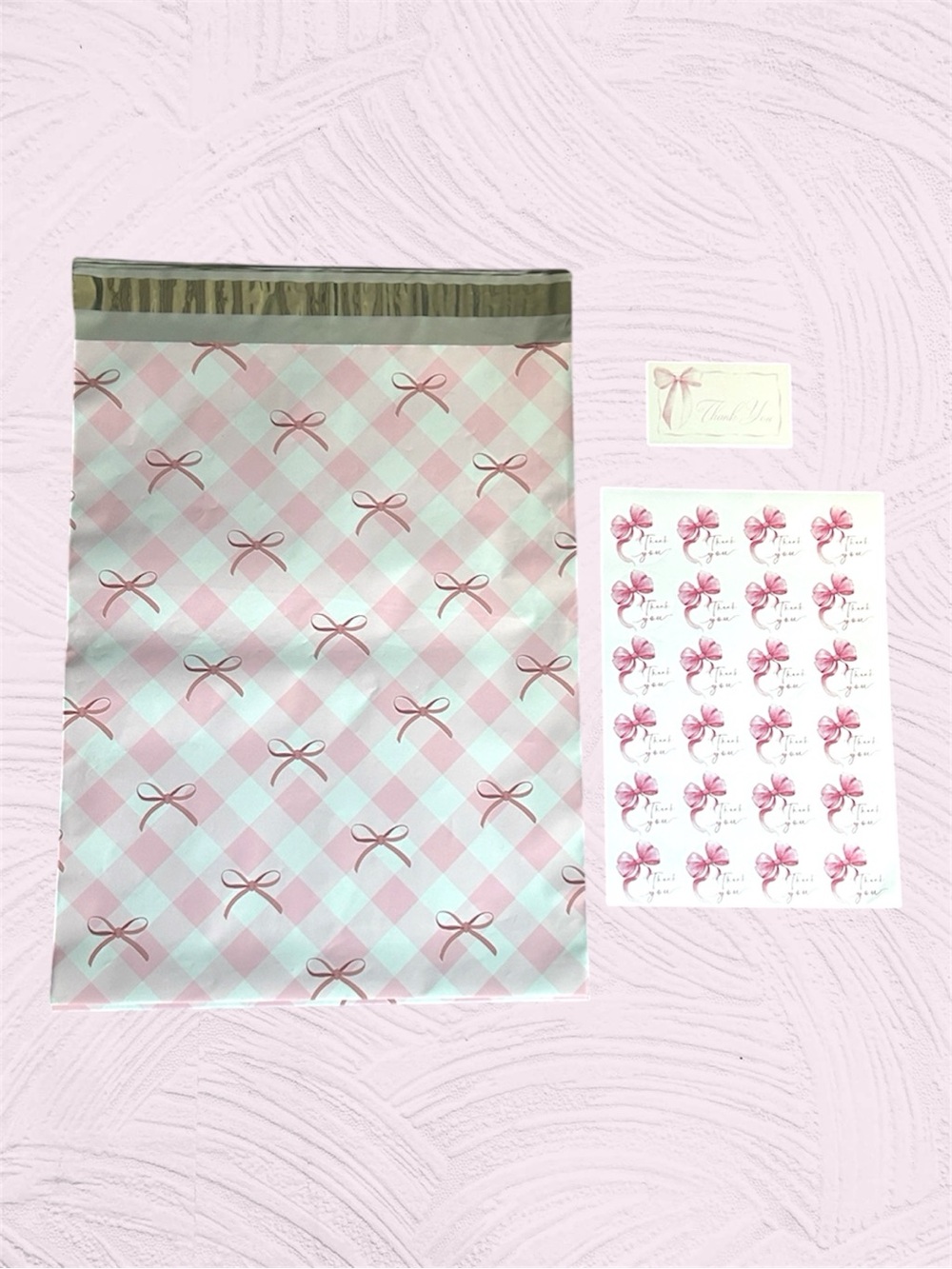 Lg Poly Mailers Pink Gingham & Bows with coordinating Thank you Cards & Stickers